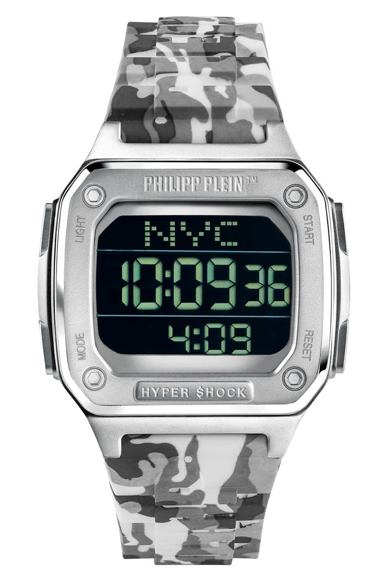 Hyper $hock Square Silicone Strap Watch, 44mm, Main, color, STAINLESS STEEL