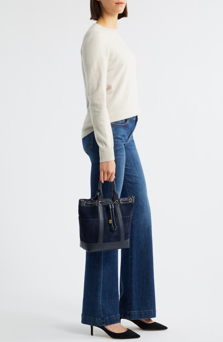 Veronica Beard Goody Suede & Leather Bucket Bag, Alternate, color, Navy
