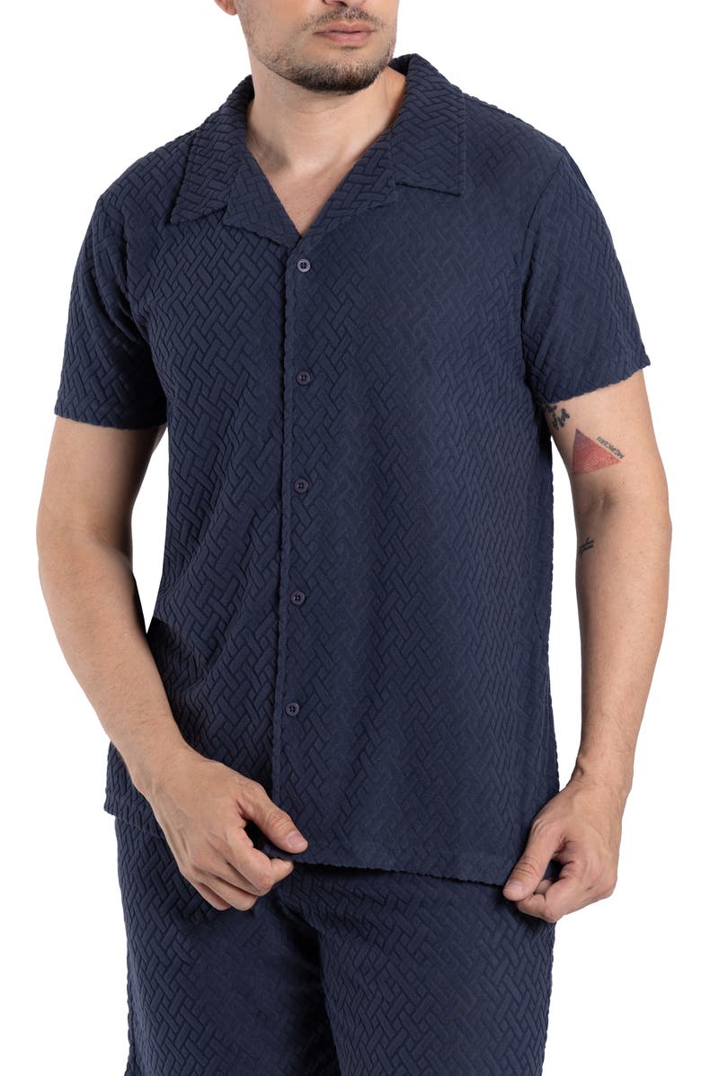 Spring + Mercer Jacquard Terry Button-Up Polo, Alternate, color, Dusty Ink Blue