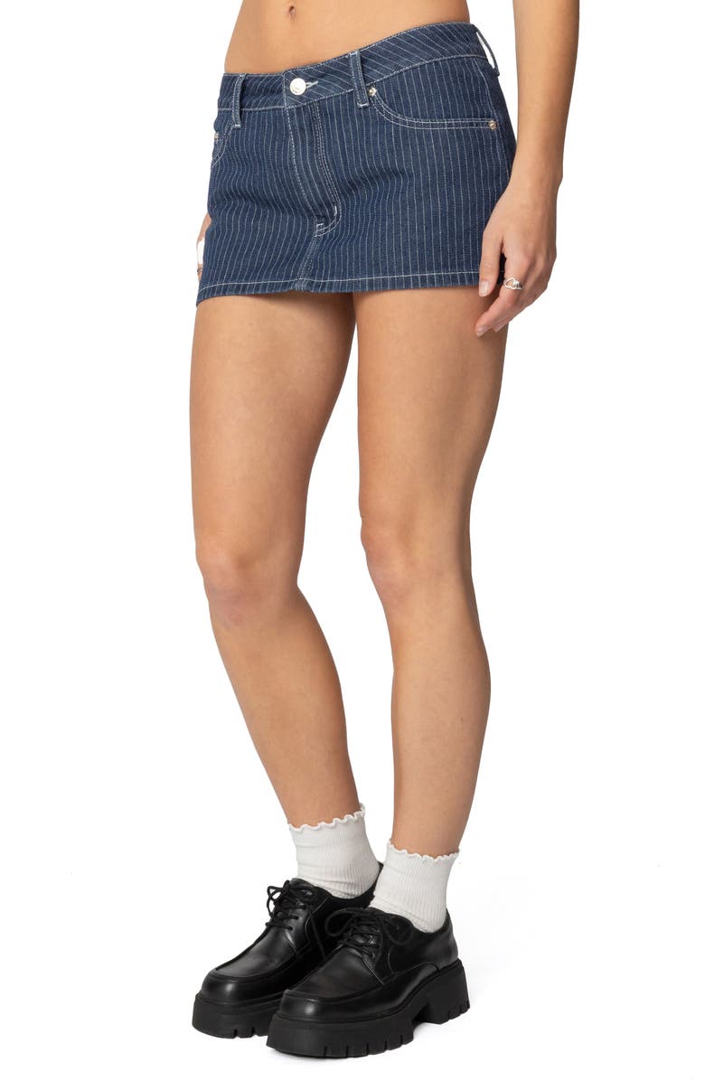 EDIKTED Neria Pinstripe Low Rise Denim Miniskort, Alternate, color, Navy