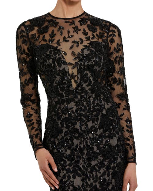 Mac Duggal Long Sleeve Floral Embellished Gown In Black Nude