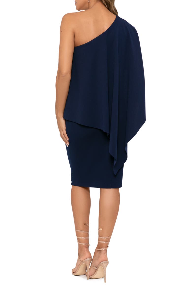 One-Shoulder Cape Detail Scuba Crepe Cocktail Dress, Alternate, color, NAVY