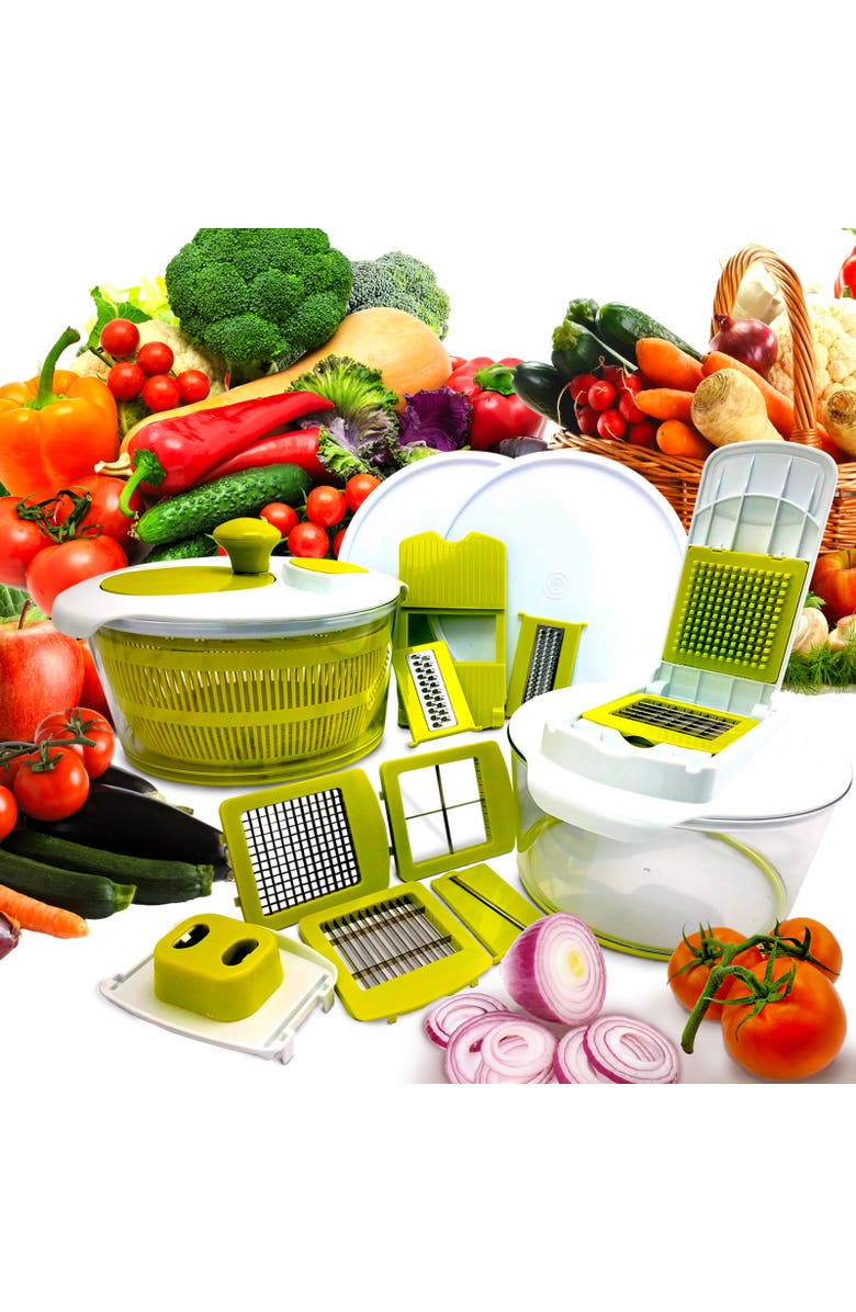 Megachef 10-in-1 Multi-Use Salad Spinning Slicer, Dicer and Chopper with Interchangeable Blades and Storage Lids, Alternate, color, Green