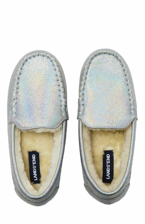 Kids Fuzzy Lined Shimmer Moccasin Slippers