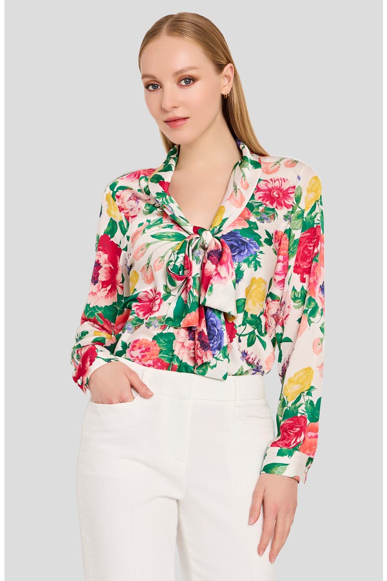 Floral Print Tie Neck Top, Alternate, color, IVORY MULTI