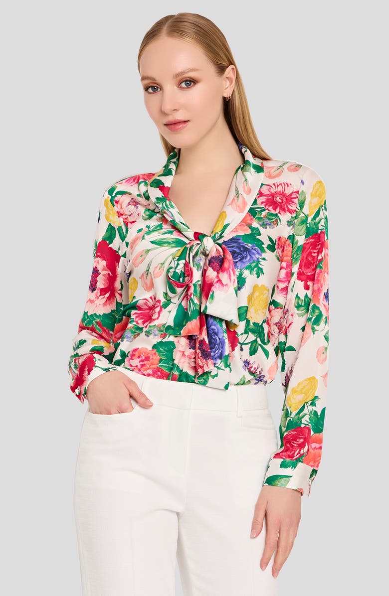 Tahari ASL Floral Print Tie Neck Top, Alternate, color, Ivory Multi