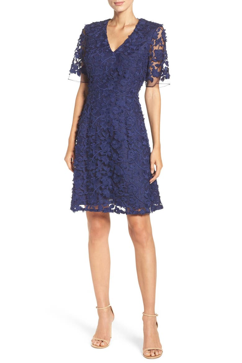 Lace Mesh Fit & Flare Dress, Alternate, color, ADMIRAL BLUE