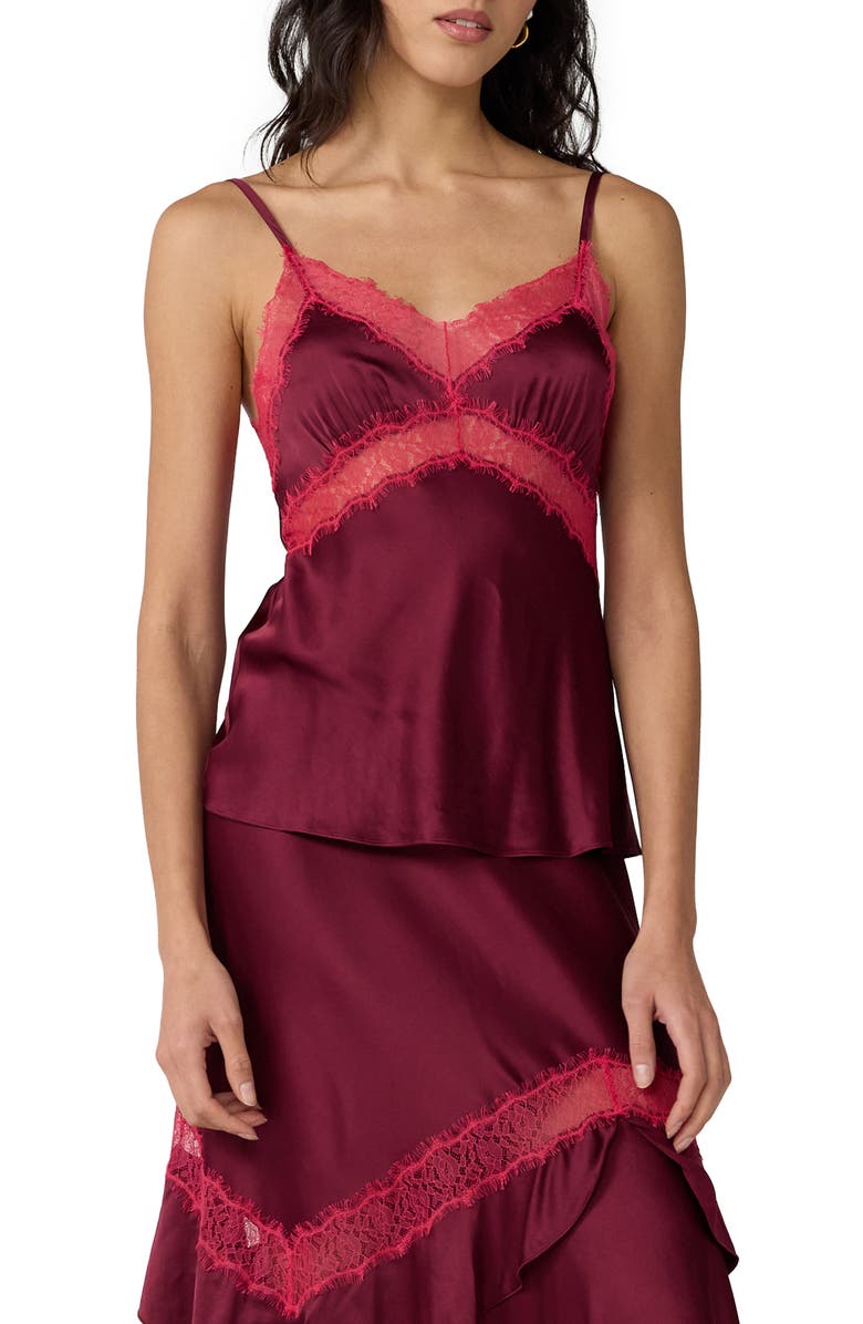 DVF Camille Lace Trim Satin Camisole, Main, color, Cherry Wood