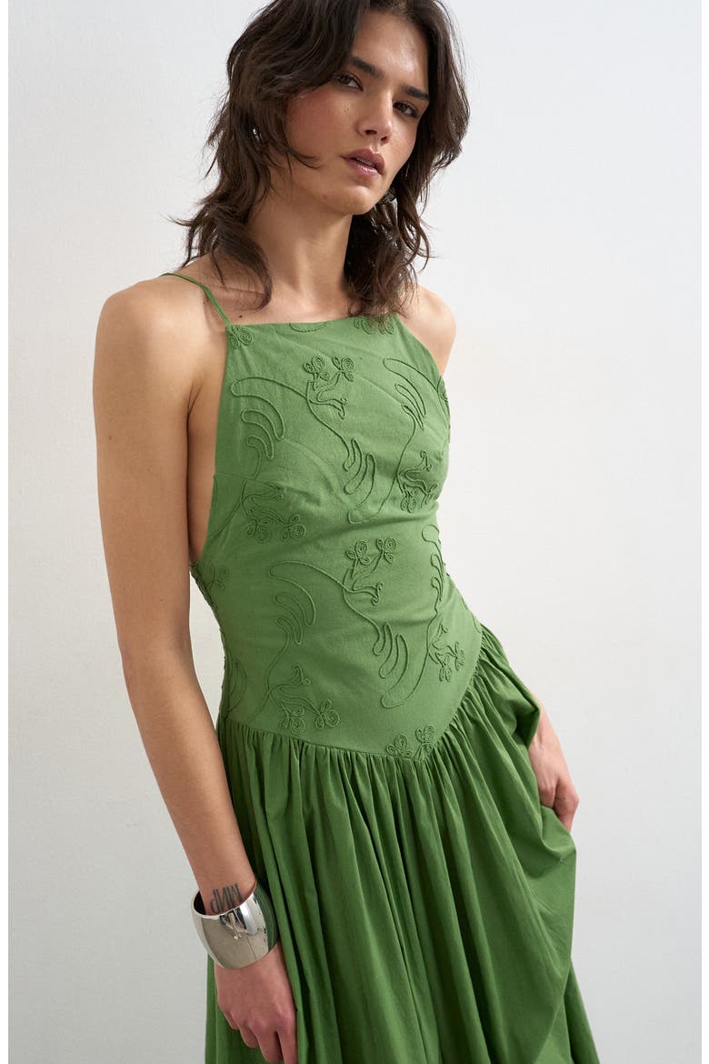 Embroidered Open Back Cotton Maxi Dress, Alternate, color, MEDIUM GREEN