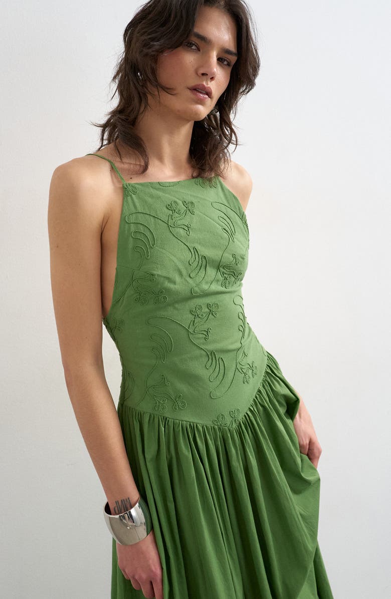 Topshop Embroidered Open Back Cotton Maxi Dress, Alternate, color, Medium Green