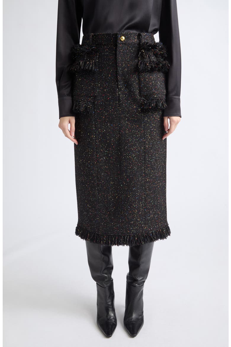 Nep Tweed Fringe Midi Skirt, Main, color, BLACK