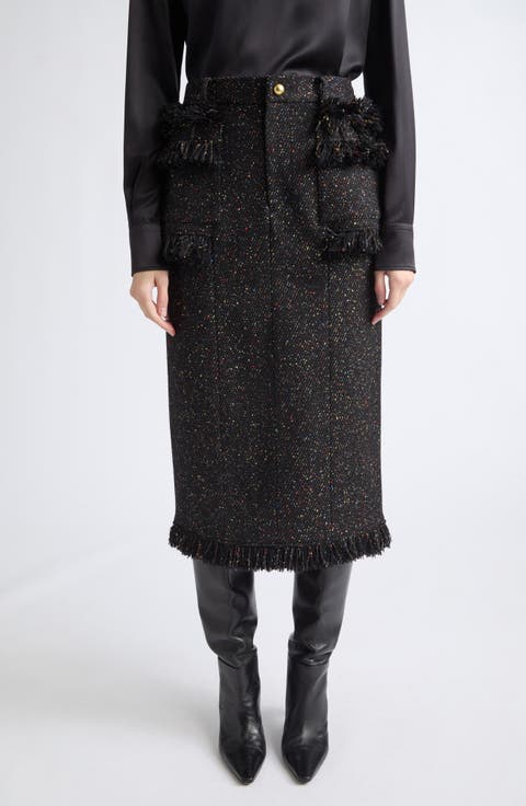 Nep Tweed Fringe Midi Skirt