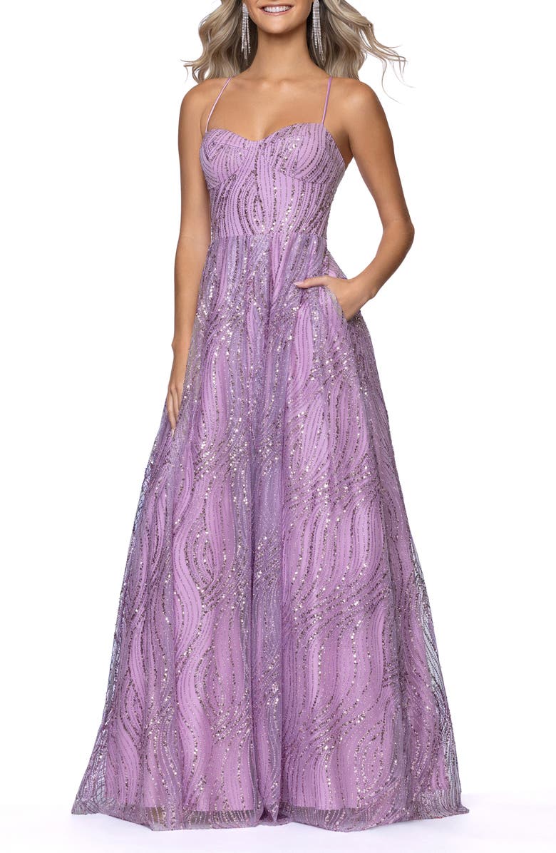 Blondie Nites Glitter Mesh Gown, Main, color, Lavender