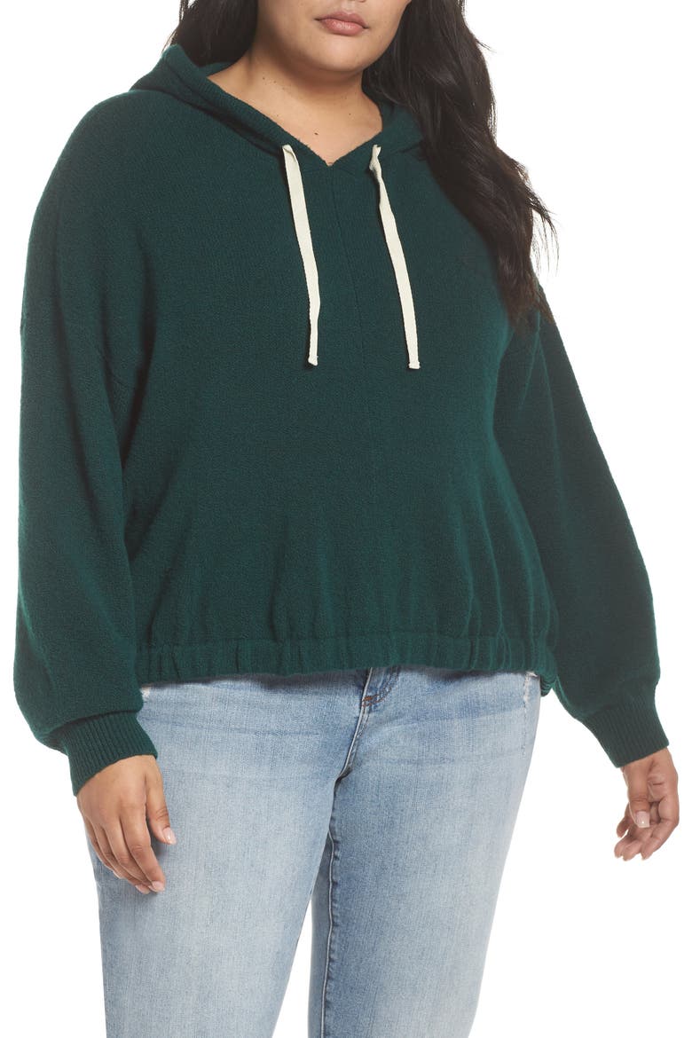 Cinched Hem Bouclé Hoodie, Alternate, color, GREEN BOTANICAL