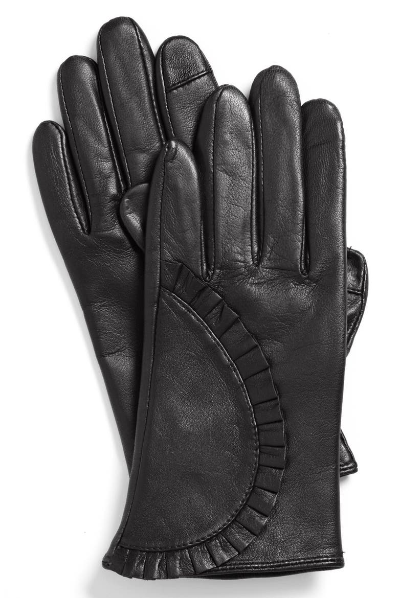'Touch' Ruffled Leather Gloves, Main, color, BLACK