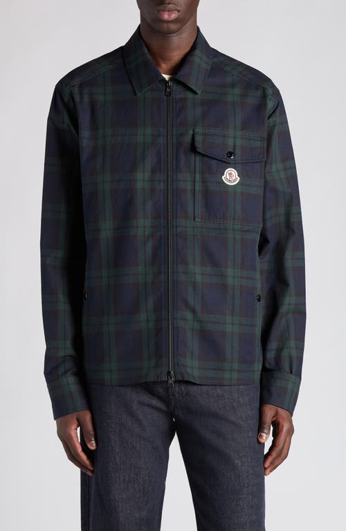 Moncler Camicia Plaid Cotton Zip Shirt Jacket In Blue