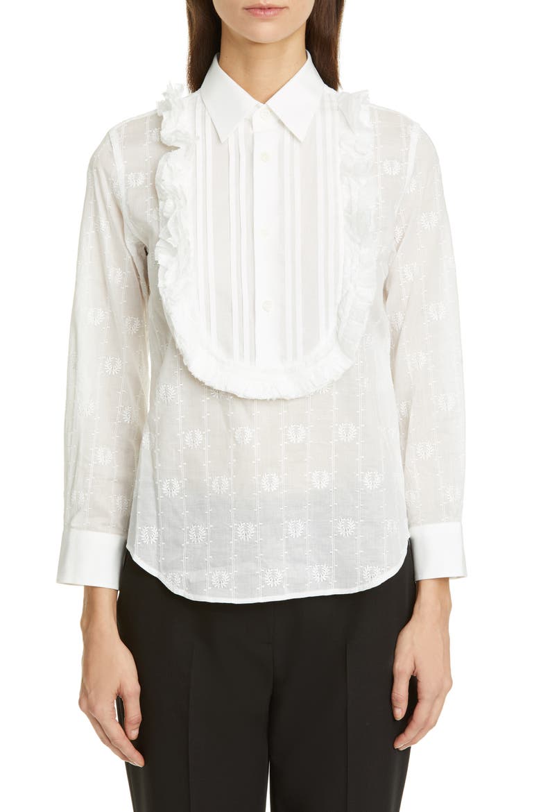 Tricot Comme des Garçons Ruffle Bib Embroidered Shirt, Main, color, WHITE