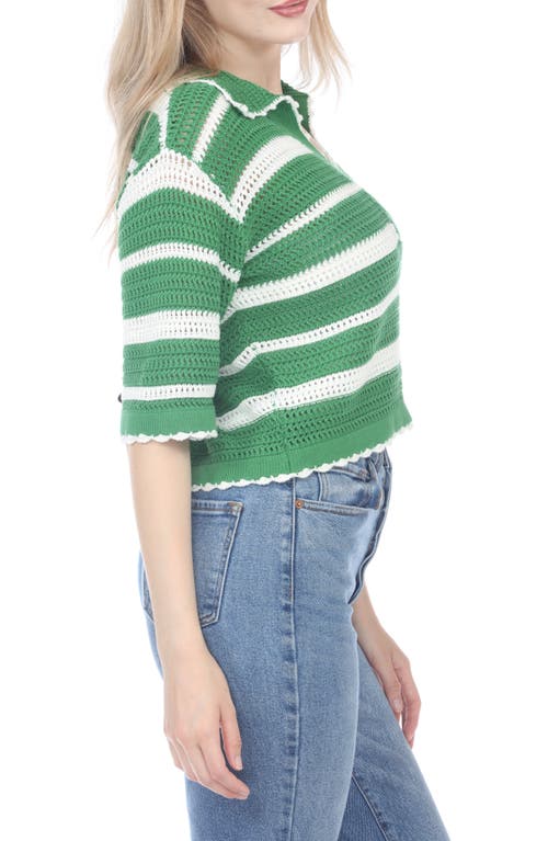 Rain And Rose Striped Open Stitch Polo In Green/white
