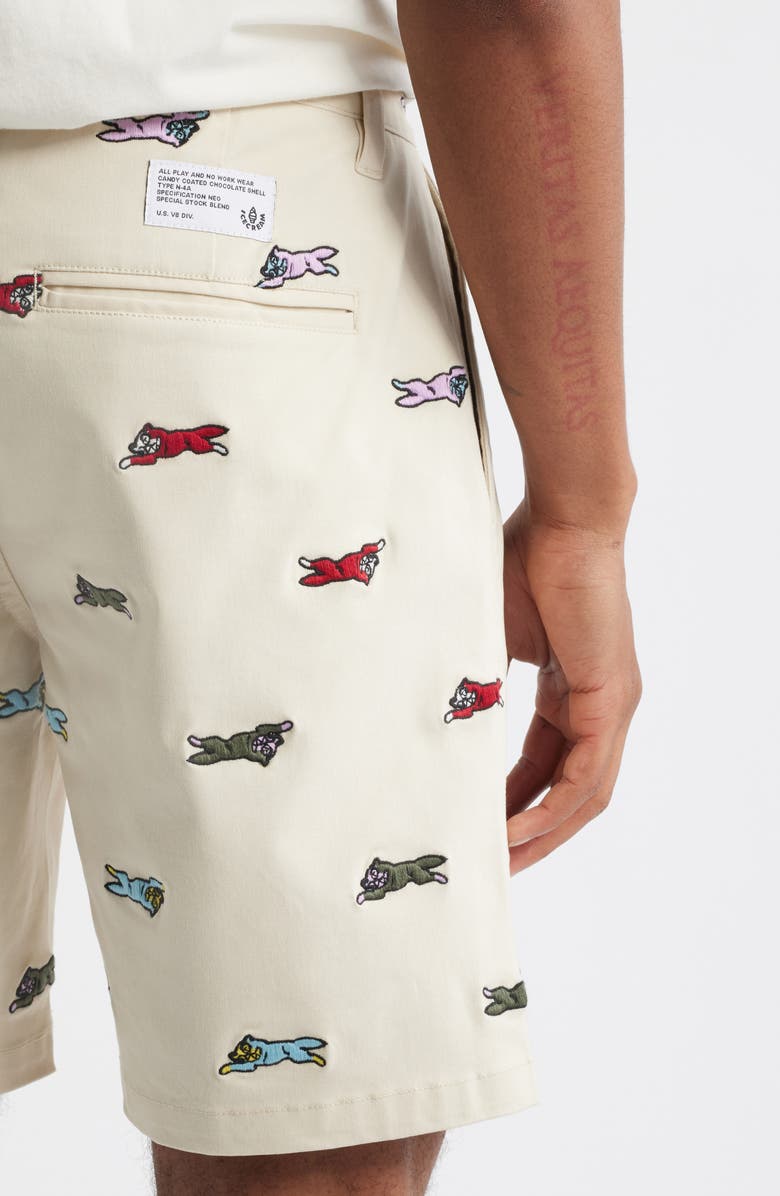 ICECREAM Universe Embroidered Flat Front Cotton Shorts, Alternate, color, Fog