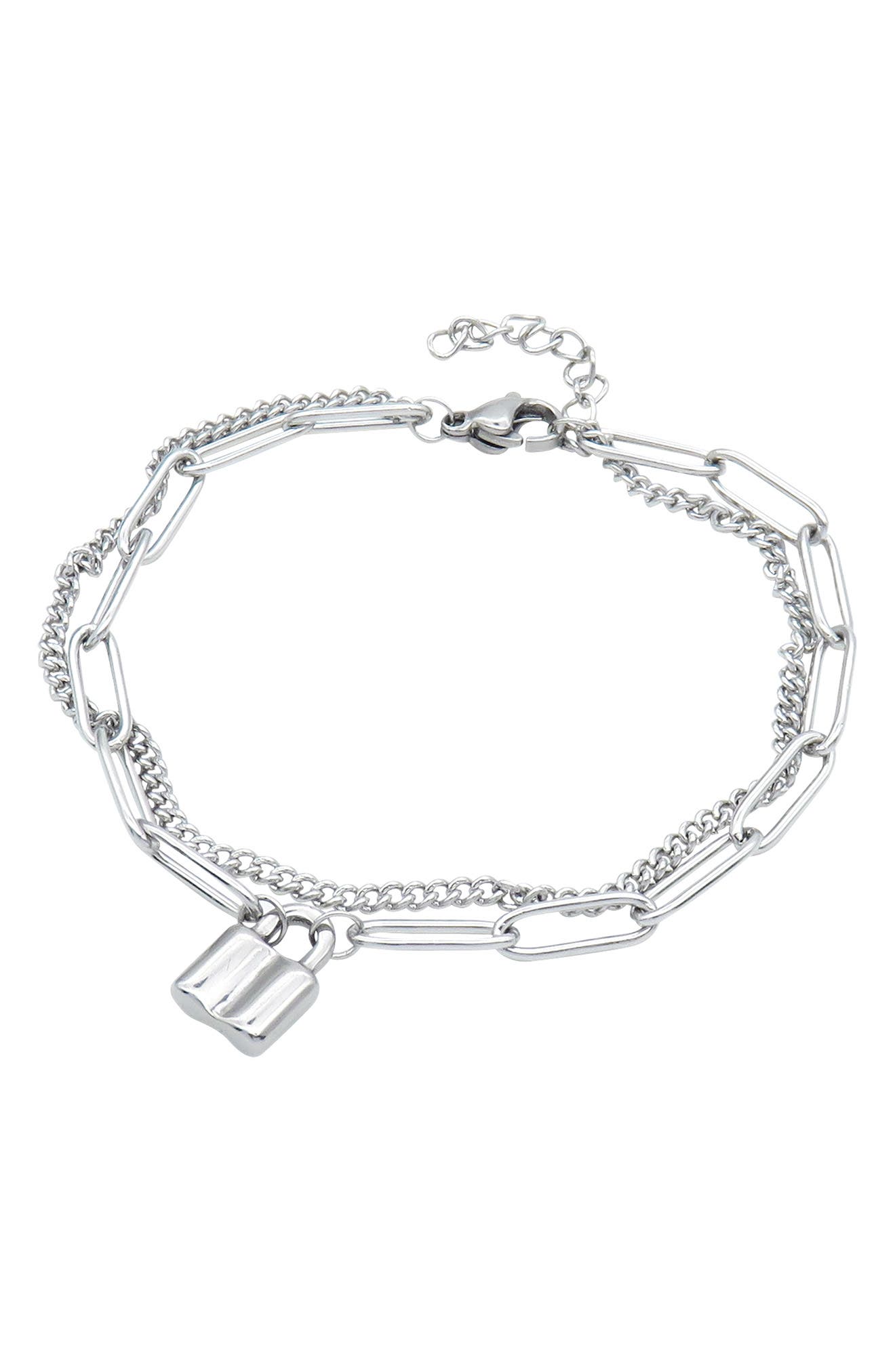 Adornia Water Resistant Stainless Steel Padlock Mixed Chain Bracelet