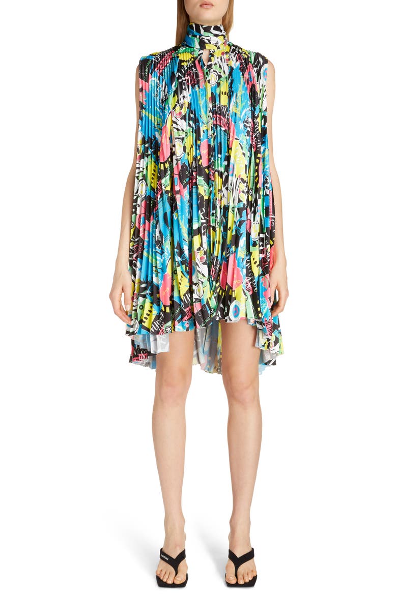 Paris Pleat High/Low Shift Dress, Main, color, BLACK/ PINK/ BLUE