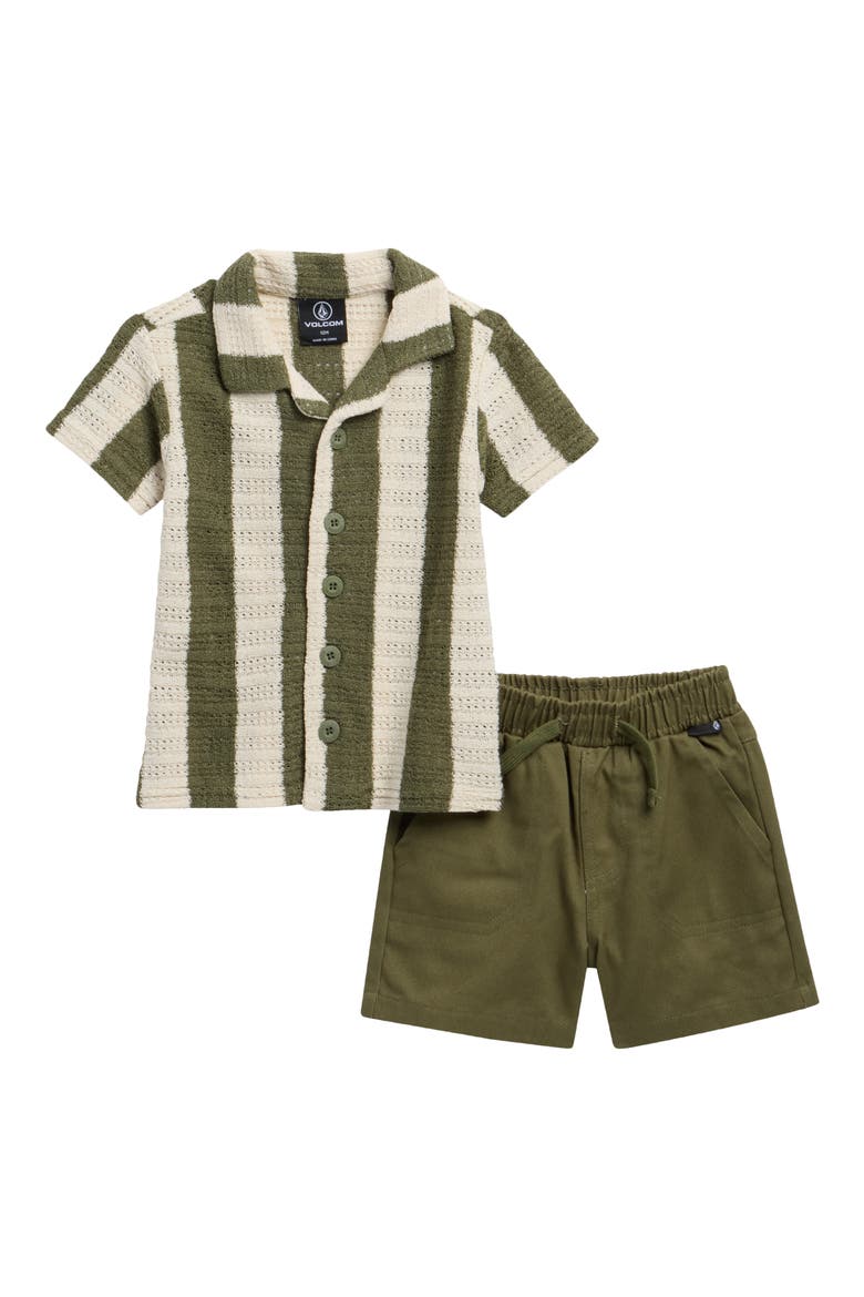 Stripe Short Sleeve Knit Button-Up Shirt & Shorts Set, Main, color, OLIVE