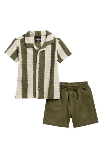 Volcom Babies'  Stripe Short Sleeve Knit Button-up Shirt & Shorts Set In Green