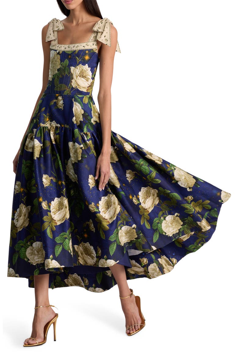 Rosalee Tie Strap Corset Stretch Cotton High-Low Dress, Alternate, color, TWILIGHT EDEN