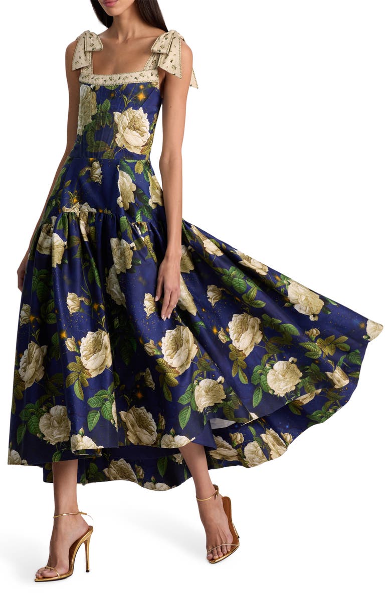 Alice + Olivia Rosalee Tie Strap Corset Stretch Cotton High-Low Dress, Alternate, color, Twilight Eden