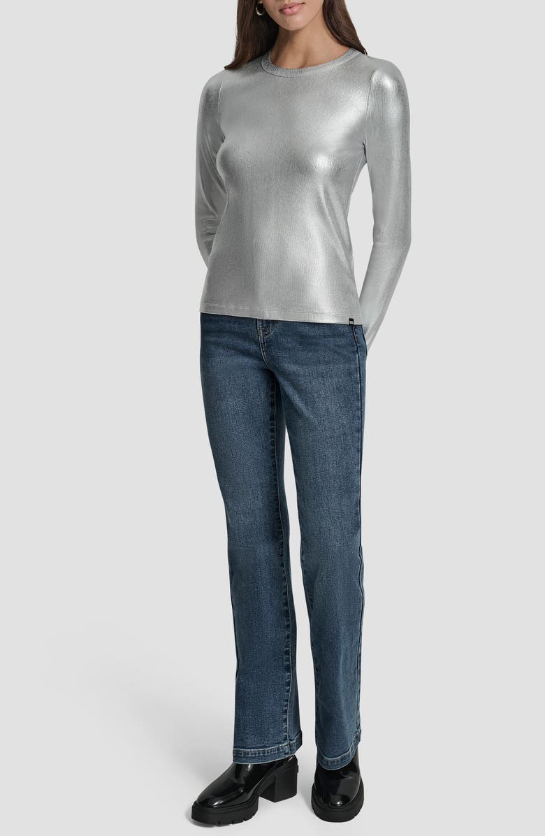 DKNY Jeans Foil Rib Knit Long Sleeve Top, Alternate, color, Silver