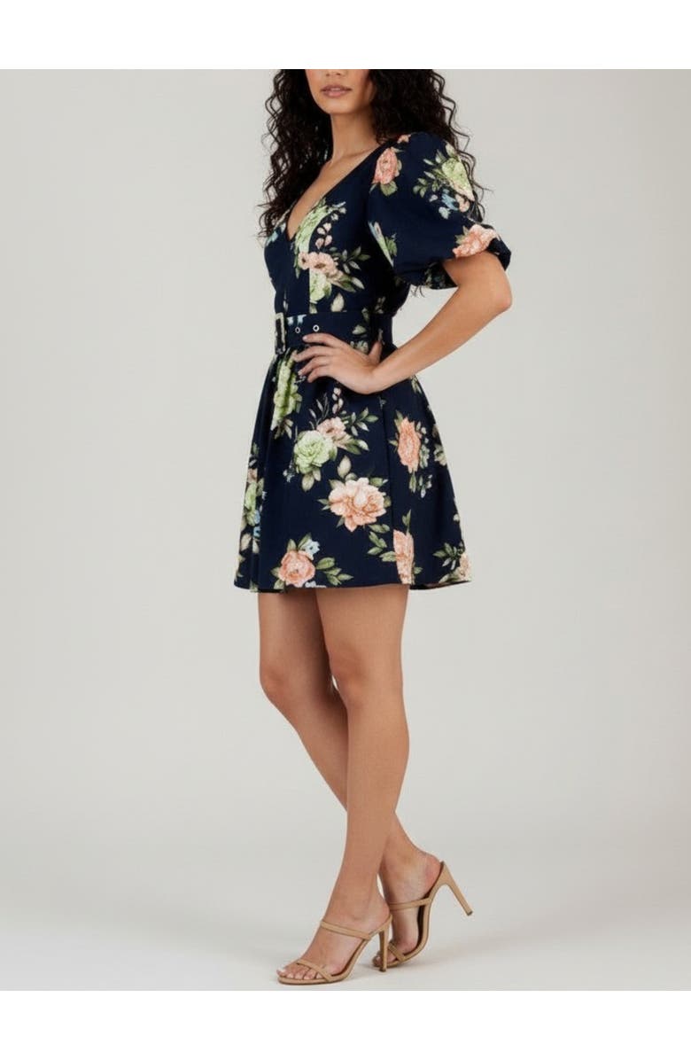 RACHEL Rachel Roy Valeria Puff Sleeve Belted Mini Dress, Alternate, color, Navy Bloom