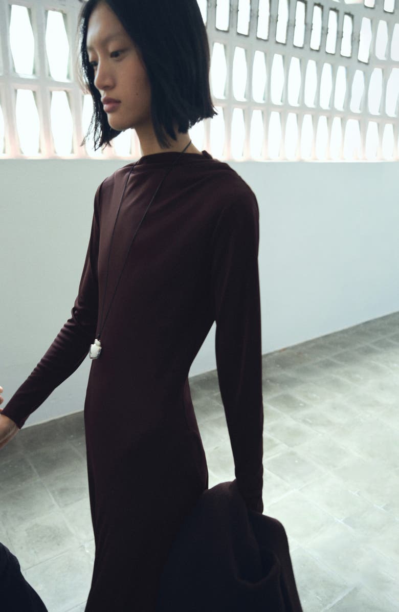 MANGO Asymmetric Neck Long Sleeve Midi Dress, Alternate, color, Brown