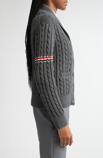 Thom Browne Shawl Collar Cable Knit Virgin Wool Cardigan