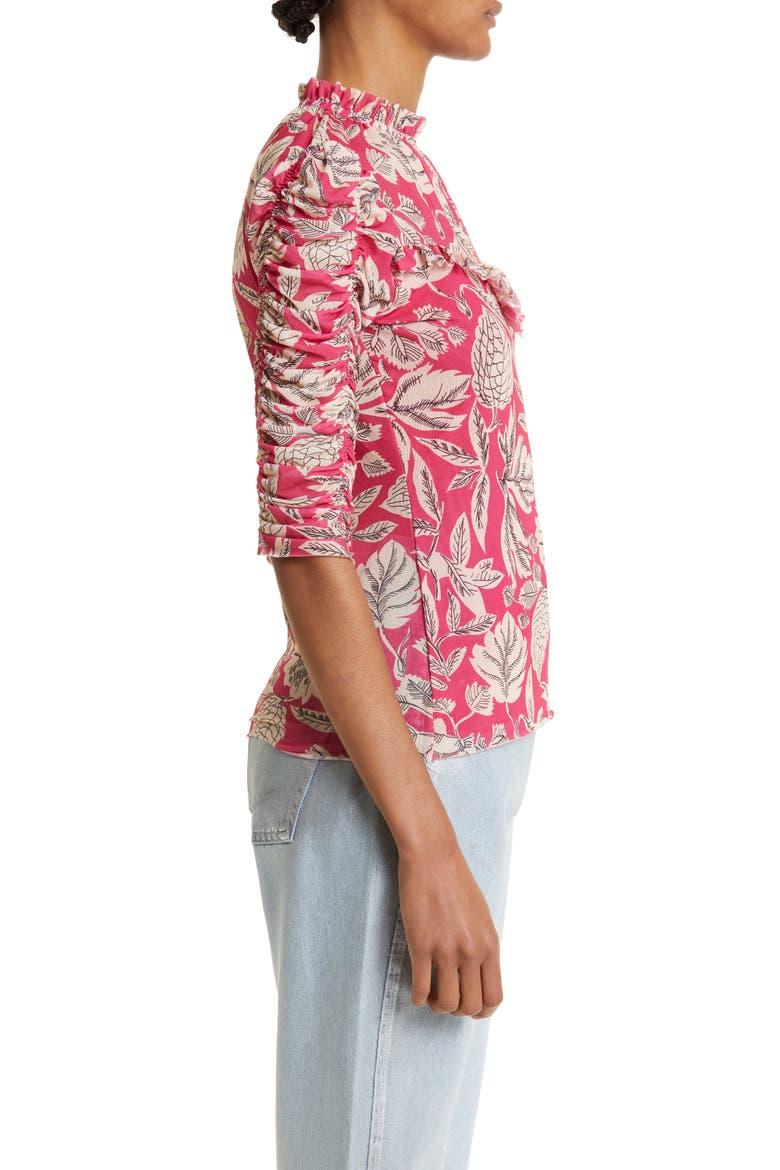 Izabelo Print Ruffle Mesh Top, Alternate, color, BRIGHT PINK