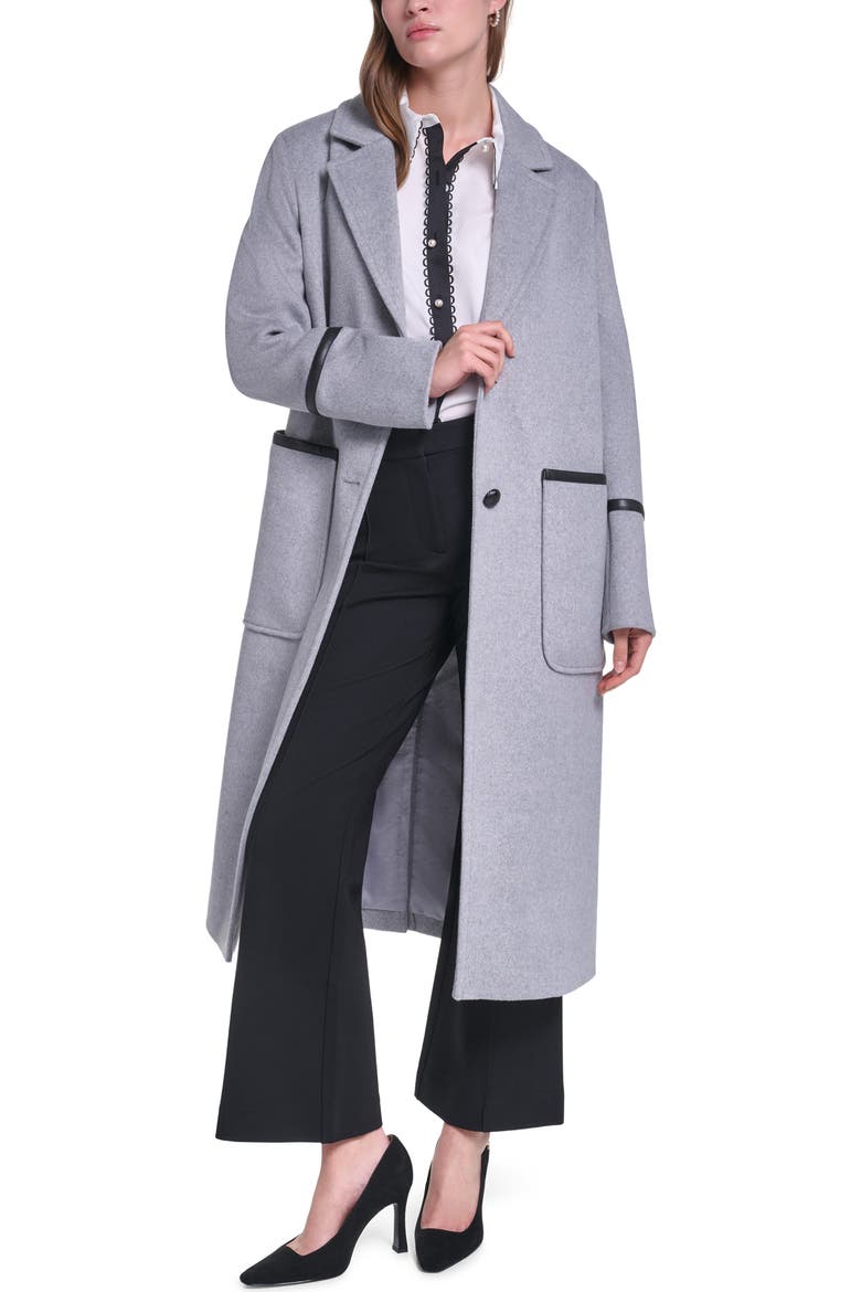 Single Breasted Coat with Faux Leather Trim, Alternate, color, LIGHT HEATHER GREY