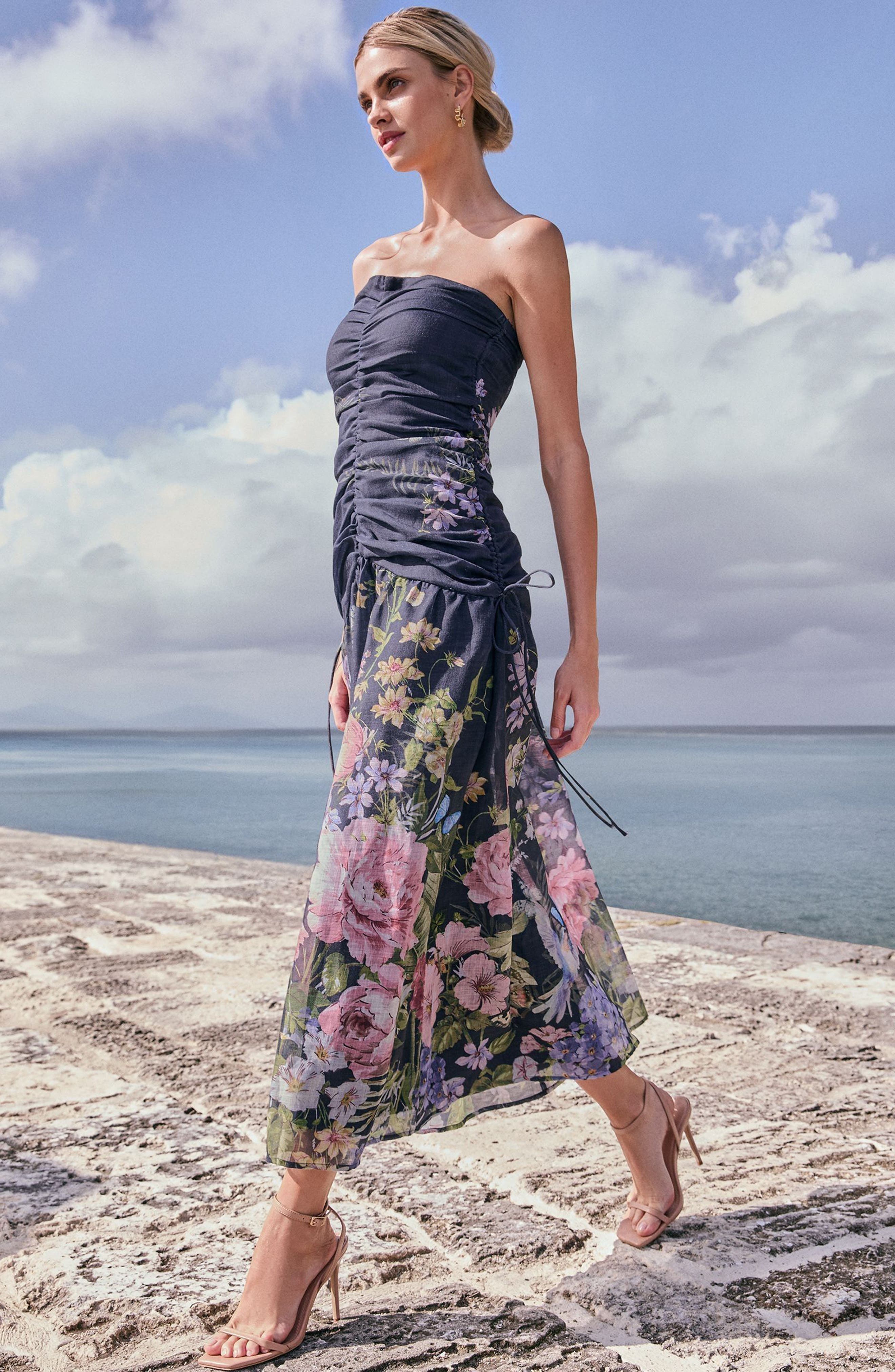 lipsy ruched dress Lipsy Ruched Bandeau Maxi Dress in Blue at Nordstrom, Size 6