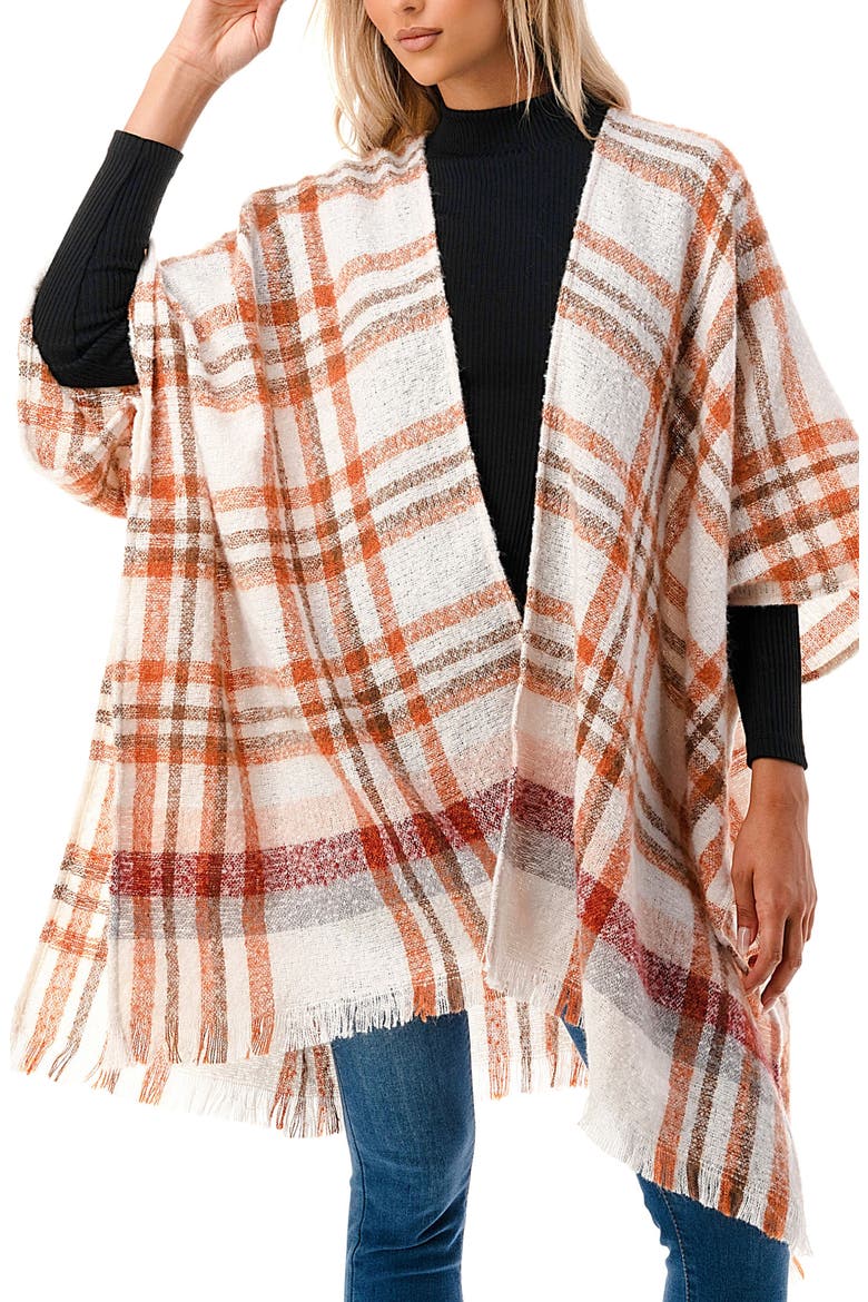 Fringe Plaid Ruana, Main, color, IVORY