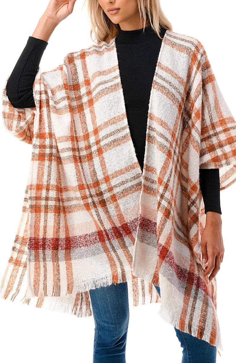 MARCUS ADLER Fringe Plaid Ruana, Main, color, Ivory