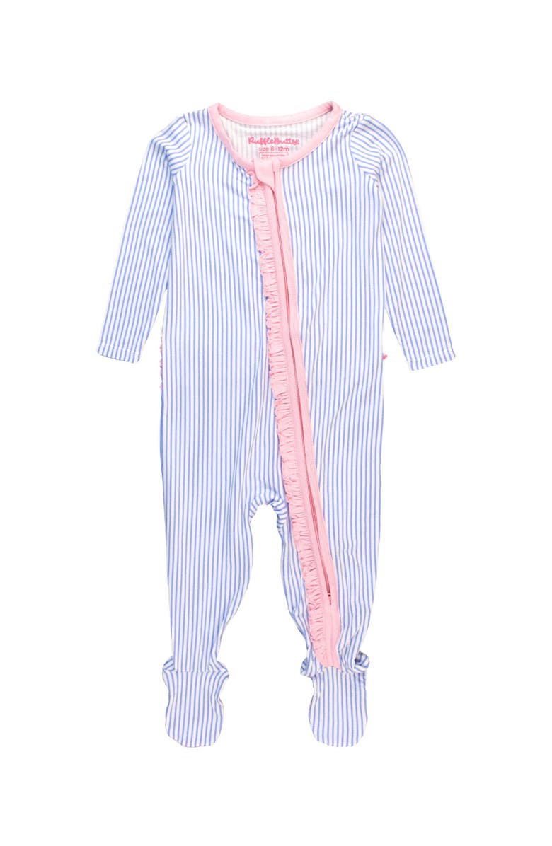 RuffleButts SoftSnooze Baby Girls Ruffle One Piece Footie Pajamas, Main, color, Periwinkle & White Stripe