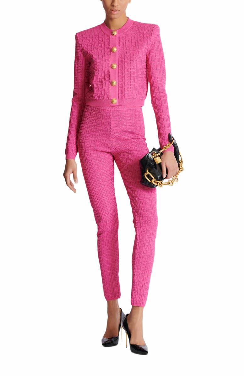 Balmain Knit Leggings With Monogram, Alternate, color, Pink
