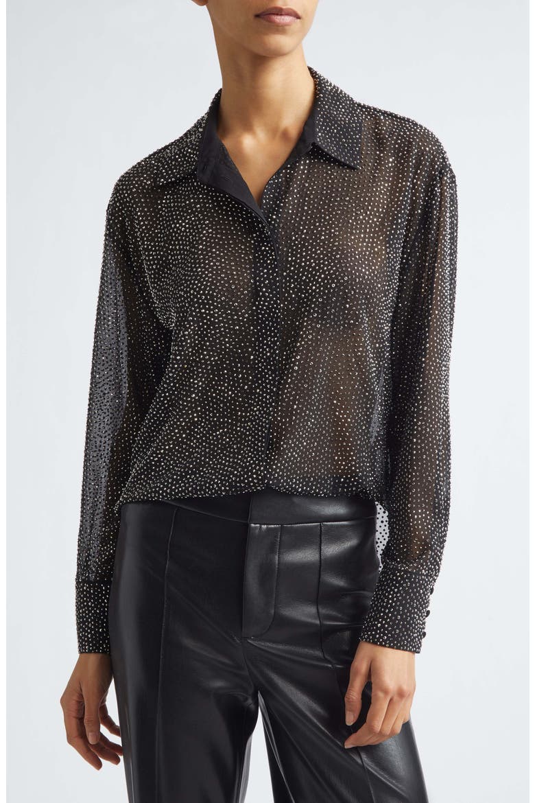 ALICE + OLIVIA Dimitra Crystal Embellished Oversize Sheer Shirt