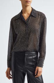 Alice + Olivia Dimitra Crystal Embellished Oversize Sheer Shirt