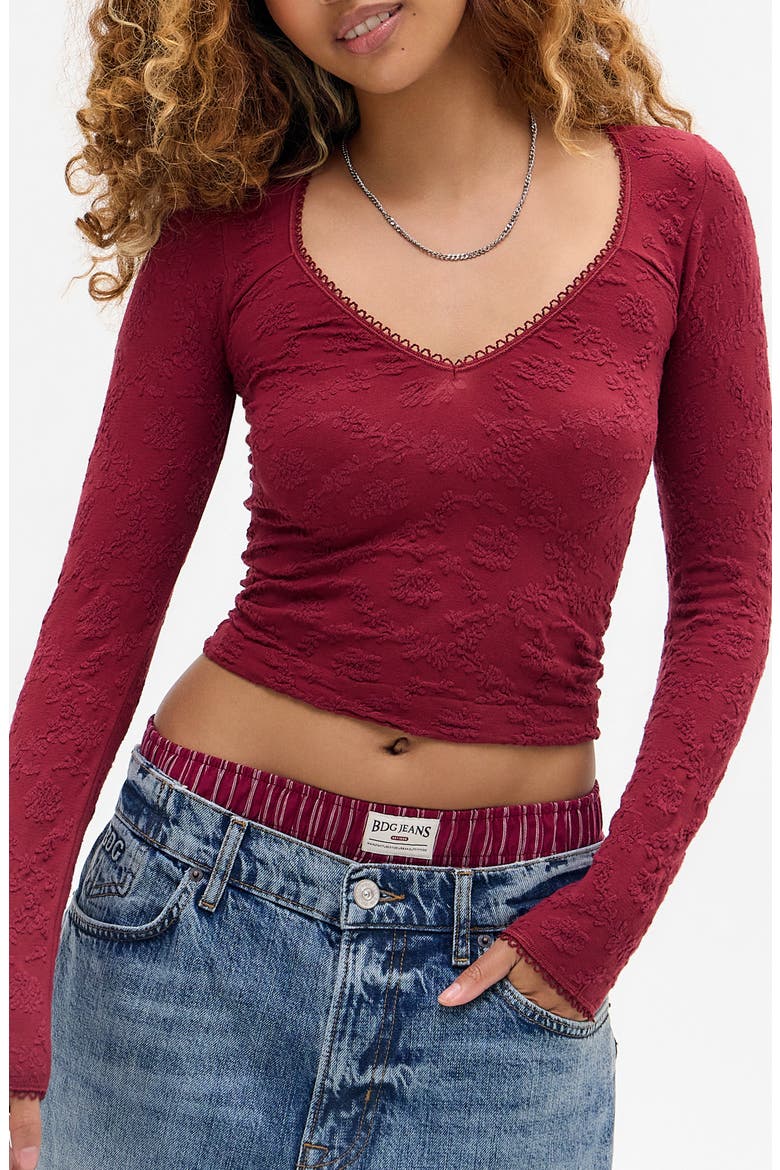 Textured V-Neck Long Sleeve Crop Top, Main, color, MAROON