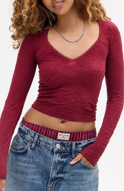 Textured V-Neck Long Sleeve Crop Top