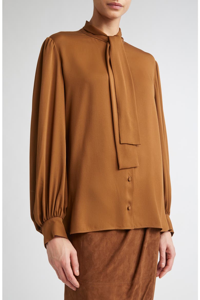 Melania Tie Neck Silk Crêpe de Chine Top, Alternate, color, TOBACCO