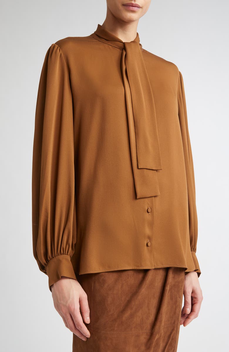 Max Mara Melania Tie Neck Silk Crêpe de Chine Top, Alternate, color, Tobacco