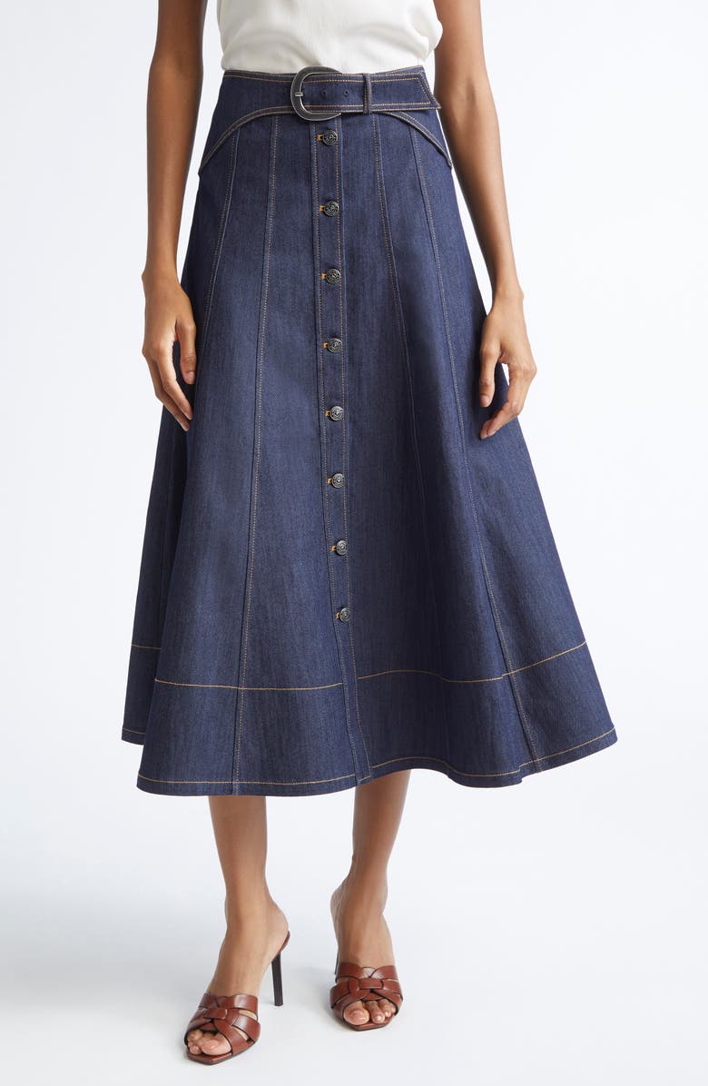 Cinq à Sept Briony Topstitch Detail Denim Skirt, Main, color, Indigo