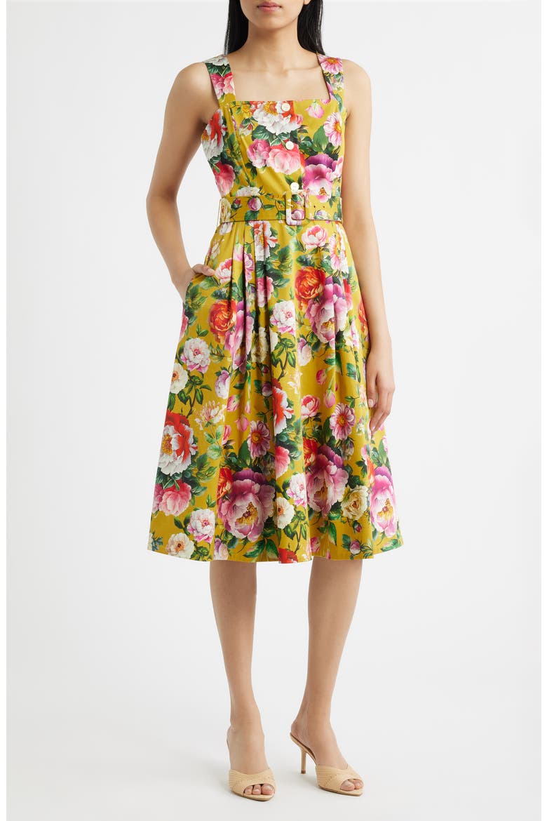 Floral Print Fit & Flare Sundress, Main, color, MUSTARD FLORAL