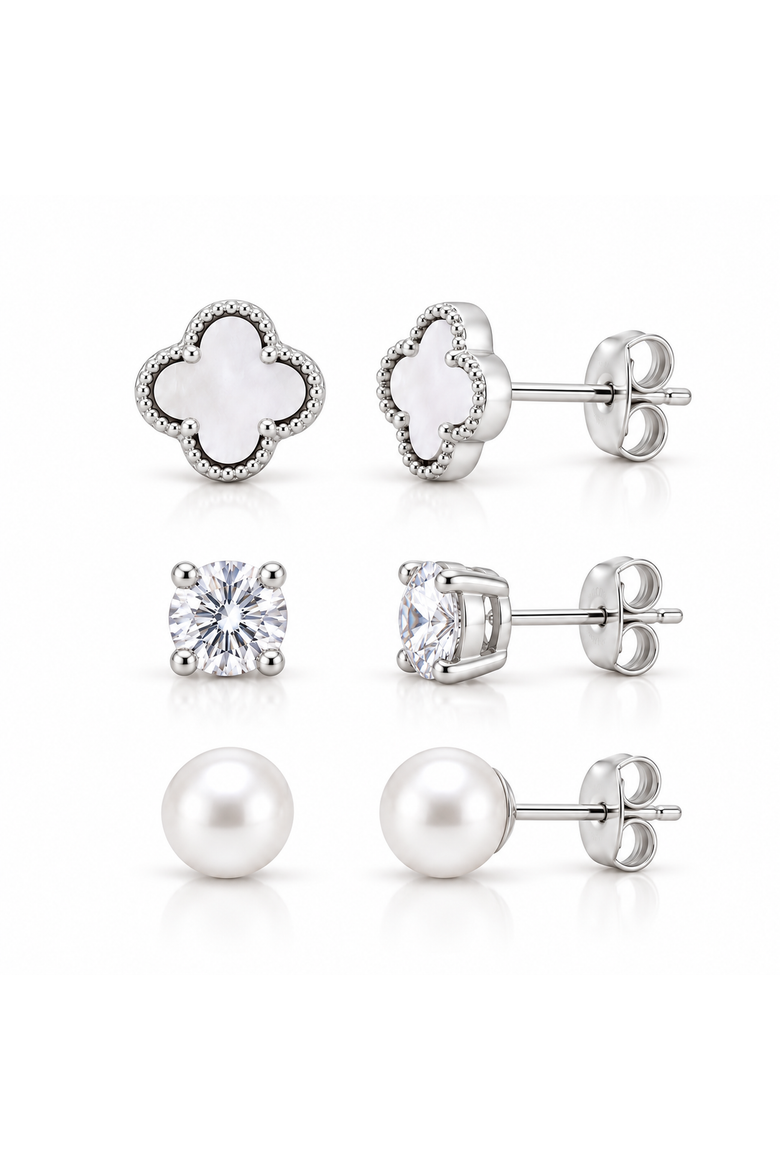 Set Of 3 Sterling Silver Clover Crystal & Pearl Earrings, Alternate, color, Silver
