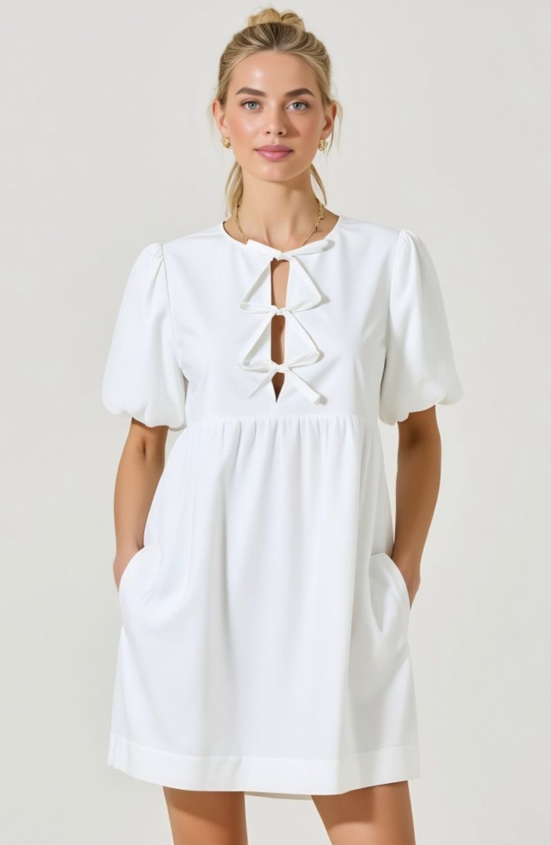 Modenaire Puff Sleeve Mini Dress with Keyhole Front and Bow Tie Detail, Main, color, White